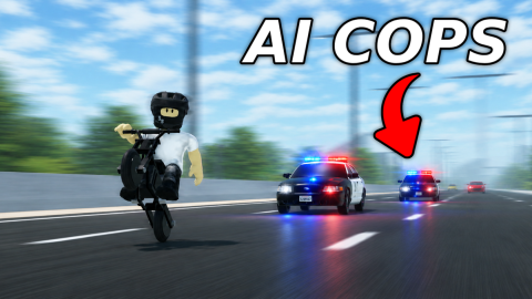 Promotional art: a Roblox rider in a black helmet pops a wheelie on a small black motorbike on a highway while two police cars with flashing lights chase behind, under the words AI COPS and a red arrow