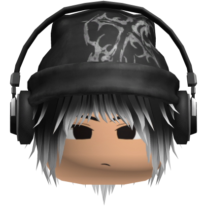 Moe Black & White Messy Hair w Beanie & Headphones