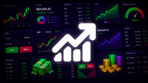 Promotional art: a white rising-chart logo over a dark grid of trading panels showing a portfolio value, top movers, a market sentiment gauge reading Bullish, buy and sell buttons, stacks of cash and coins