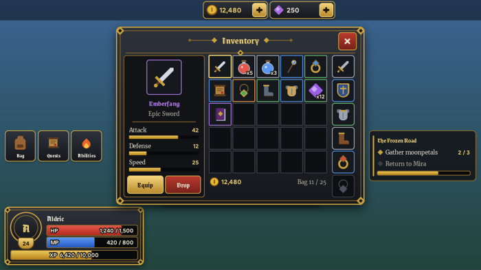 RPG UI Kit Inventory Quest Health Mana HUD Panels preview 8