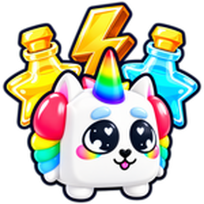 Store icon: a white cat-like pet with a rainbow horn and mane sits between a yellow and a blue star-shaped potion bottle, with a lightning bolt behind it
