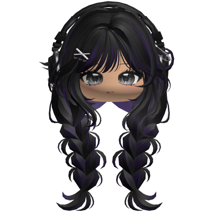 Cute Braided Pigtails w/Headphones (Black&Purple) Roblox item