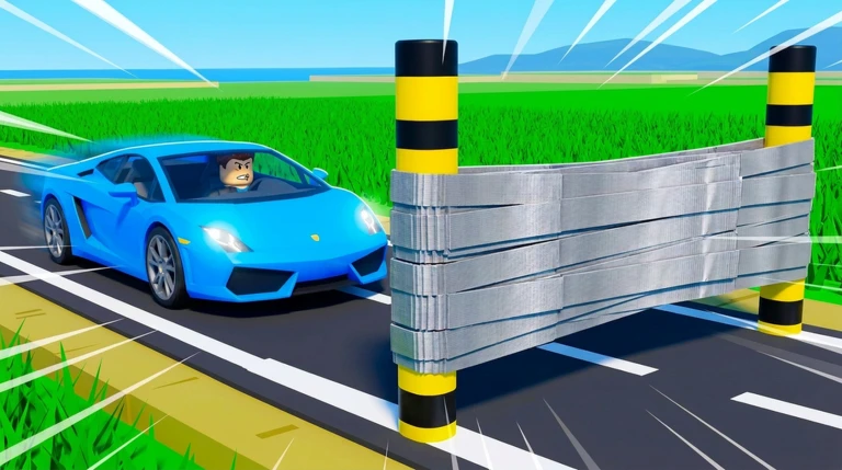 ภาพโปรโมต Cars VS Tape: รถสปอร์ตสีน้ำเงินกำลังพุ่งเข้าหากำแพงเทประหว่างเสาเตือนสีเหลืองดำ