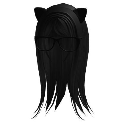 Long black hair with black glasses and cat ears Roblox item