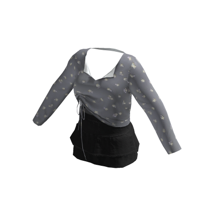 Floral Crop & Denim Skirt(grey/black)[fendudu] thumbnail