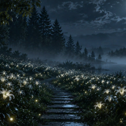 Ethereal Moonlit Flower Forest Night Background