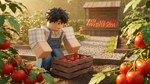 Official promotional art: a Roblox farmer in overalls kneels beside a crate of ripe tomatoes in a garden, with a produce stand behind