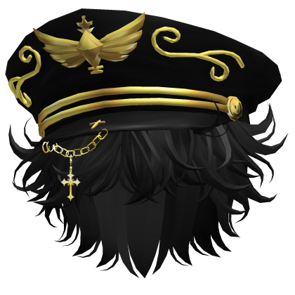 Black Messy Emo Hair W/ Black&Gold Captain Hat