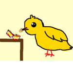 a chicken eating chicken nuggets