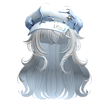 White & Blue Cute Anime Girl Hair w/ Y2K Punk Cap
