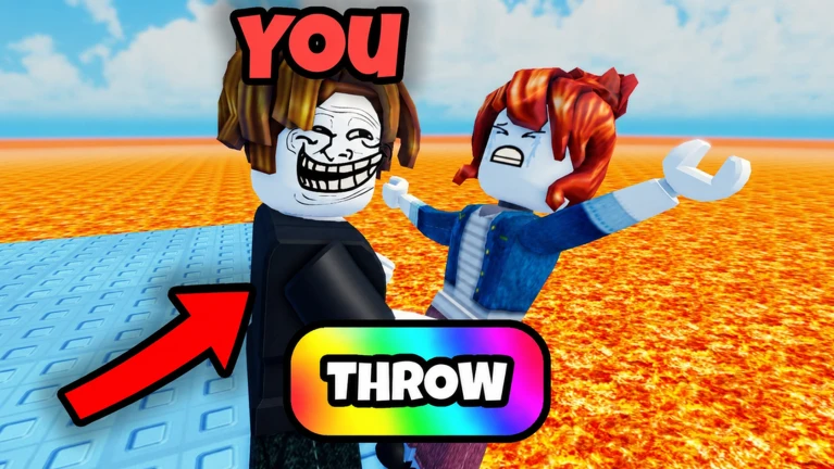 ภาพพรีวิวทางการ TROLL Hug Tower: ตัวละคร Roblox ผมสีน้ำตาลมีใบหน้าแบบ troll อุ้มตัวละครผมสีแดงที่แสดงสีหน้าร้องไห้อยู่บนพื้นสีน้ำเงินข้างพื้นที่ลาวาสีส้ม พร้อมข้อความ YOU ลูกศรสีแดง และปุ่ม THROW สีรุ้ง