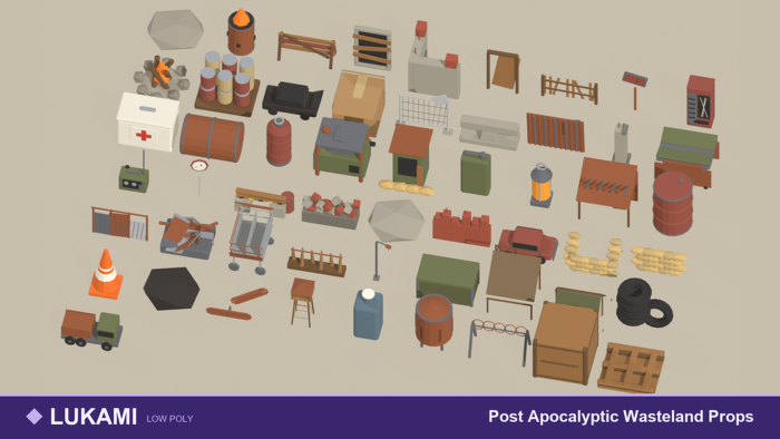 Low Poly Post Apocalyptic Wasteland Props Pack x55 preview 1