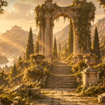 Roman Greek Temple Ruins Sunset Garden Backdrop