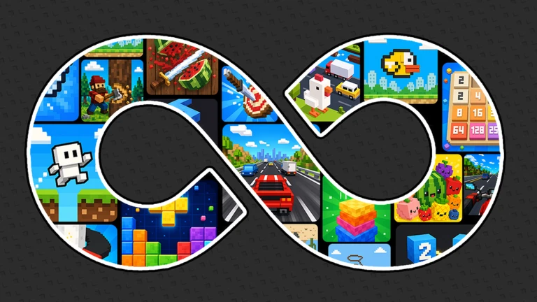สัญลักษณ์อนันต์ที่ประกอบจากภาพมินิเกมหลายแบบบนพื้นมืด