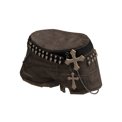 Grunge Studded Jean Shorts w/ Chain (Brown)