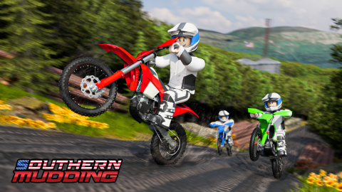 Promotional art: a helmeted Roblox rider pulls a wheelie on a red dirt bike on a dirt track, with two more riders on green and blue dirt bikes behind