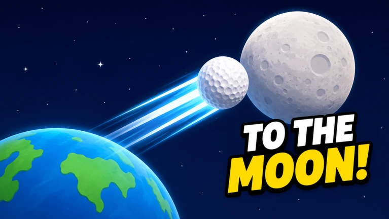 ภาพโปรโมต Hit a Golf Ball ลูกกอล์ฟพุ่งจากโลกไปดวงจันทร์พร้อมข้อความ To the Moon