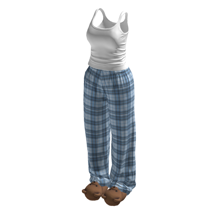 Stylish Blue Plaid Pyjama Set w Bear Slippers