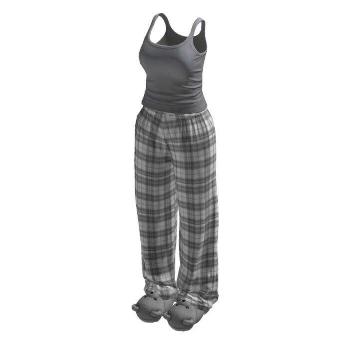 Stylish Grey Plaid Pyjama Set w Bear Slippers