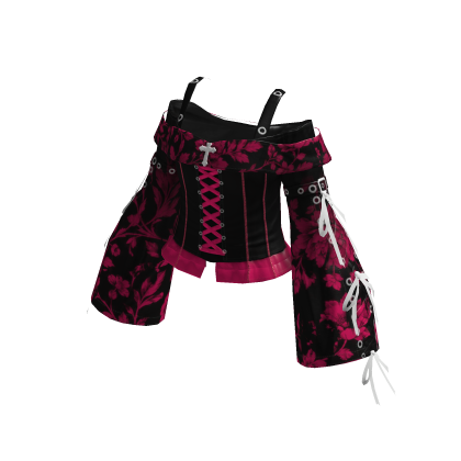 Y2K Goth Lace Up Top w/ Sleeves Pink Floral thumbnail