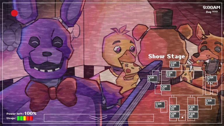 ภาพวาดโปรโมต Five Nights TD 2 ตัวละครหุ่นพร้อมกรอบหน้าจอกล้อง