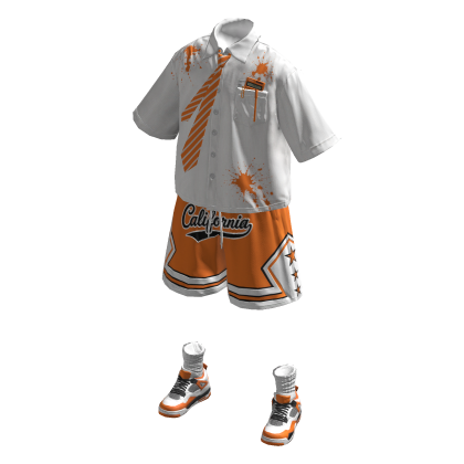 White Orange vintage shirt with tie & shorts set