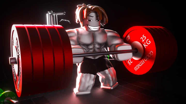 Roblox avatar lifting a barbell in a gym-themed game scene