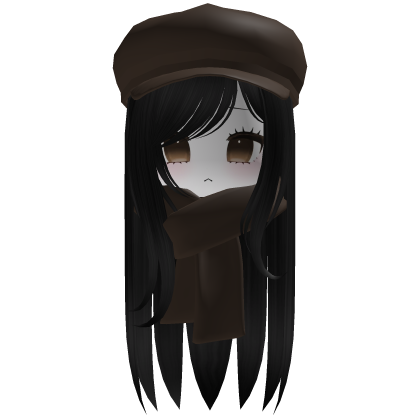 Cozy Cute Fall Girl Black Hair w/ Brown Cap Scarf