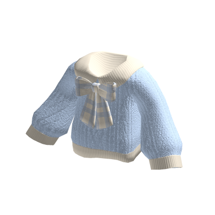 🍀Oversized Knitted Blue Sweater w Checked Bow