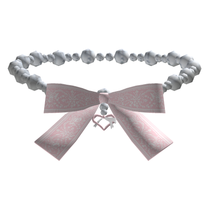 White Pearl Necklace w Pink Bow & Heart