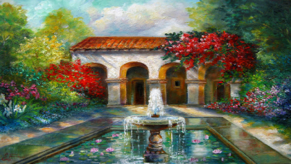 Italian Abbey Garden Scene with Fountain Painting Roblox decal
