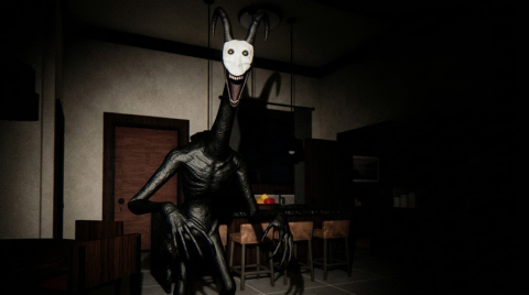 Official promotional art: a tall horned creature stands inside a dim cabin near chairs and a counter.