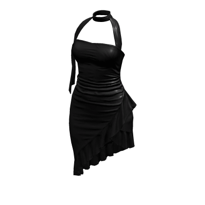 Black Ruffled Elegant Asymmetric Halter Dress thumbnail