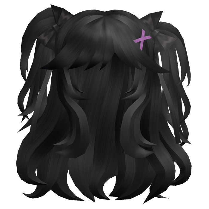 Black Wavy Cute Girl Twin Tails Purple Clip Bows