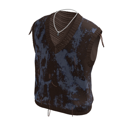 Distressed Knit Vest & Chain Necklace (Navy)