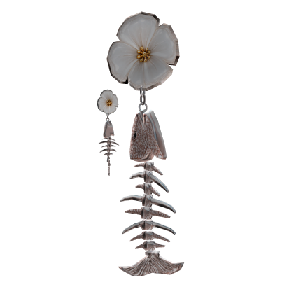 White Flower Rose Gold Crystal Fishbone Earrings