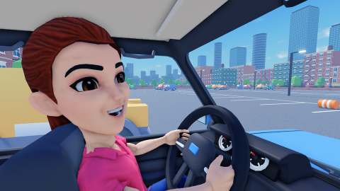 Official promotional art: Mia, a red-haired girl in a pink shirt, grips the steering wheel and grins in a city parking lot