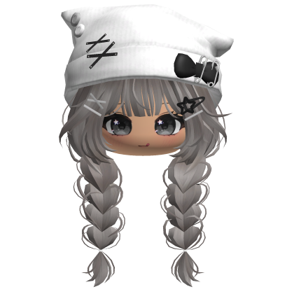 🍀Cute Girl Braided w/Cat Beanie(Ash&White) Roblox item