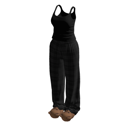 Stylish Black Plaid Pyjama Set w Bear Slippers