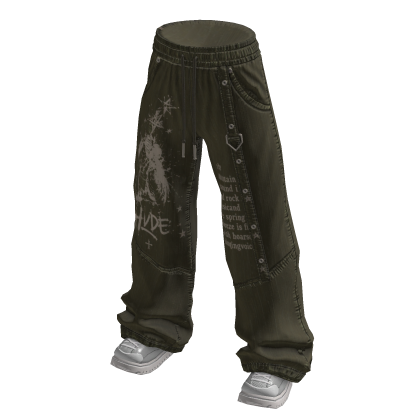 Graphic Print Baggy Jeans (Olive)