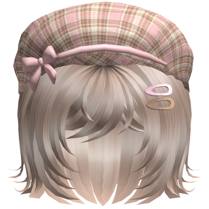 short fluffy hair w plaid pink beret plat blonde Roblox item