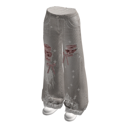 Ripped Wide-Leg Jeans with Hem Print (Light Gray)