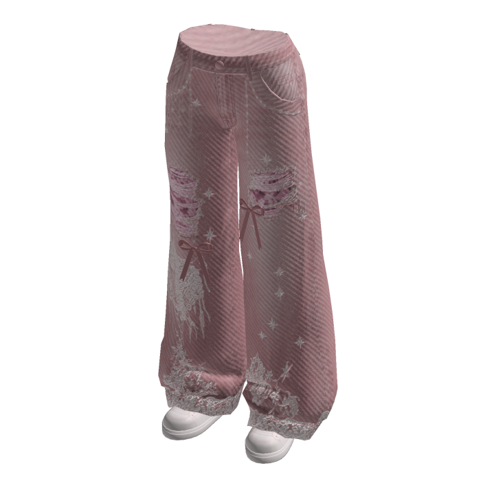 Ripped Wide-Leg Jeans with Hem Print (Pink)