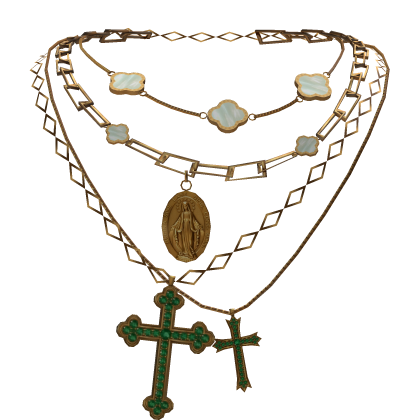 Gold & Green Layered Clover Jesus Cross Necklace