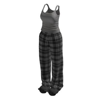 Stylish Grey Plaid Pyjama Set w Bear Slippers