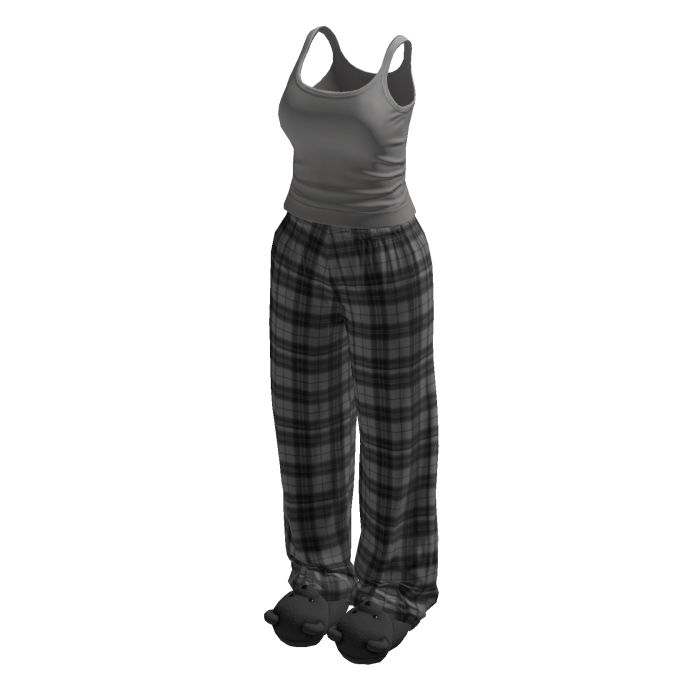 Stylish Grey Plaid Pyjama Set w Bear Slippers