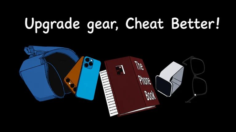ภาพพรีวิวทางการ Cheating During Testing: กระเป๋า โทรศัพท์ หนังสือ เครื่องมือ และแว่นตาบนพื้นหลังสีดำ