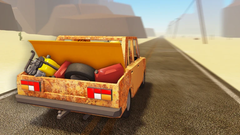 ภาพโปรโมต a dusty trip: มองจากท้ายรถกระบะที่บรรทุกล้อ ถัง และอุปกรณ์อยู่บนถนนกลางทะเลทราย