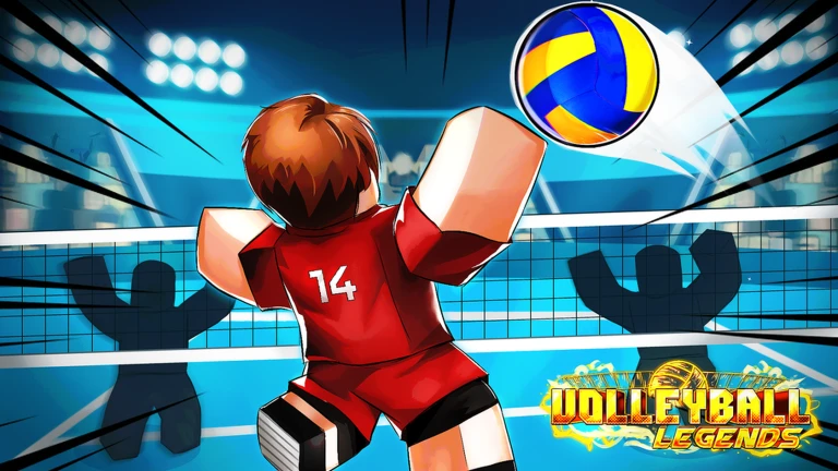 ภาพพรีวิวทางการ Volleyball Legends: ตัวละคร Roblox สวมชุดสีแดงเลข 14 หันหลังและตีลูกวอลเลย์บอลเหนือหน้าตาข่ายในสนามที่มีไฟและเงาผู้ชม