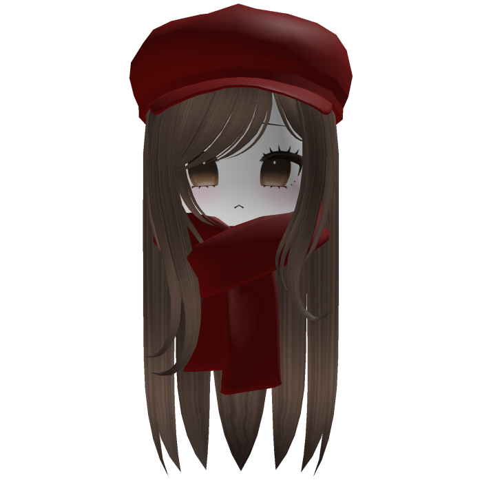 Cozy Cute Fall Girl Brown Hair w/ Red Cap Scarf